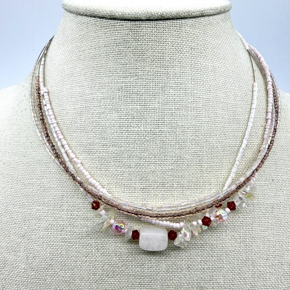 Multi-Strand Boho Beaded Necklace Pink Quartz Statement Layered Choker Festival